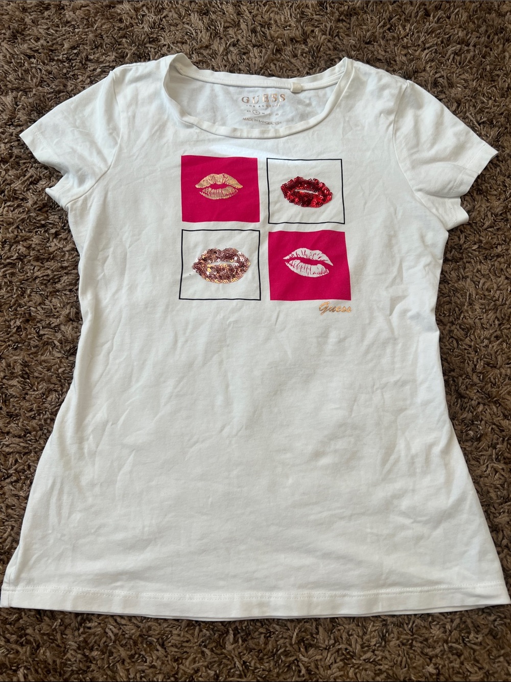 Guess White Tee with Pink and Red Lip Print Accents